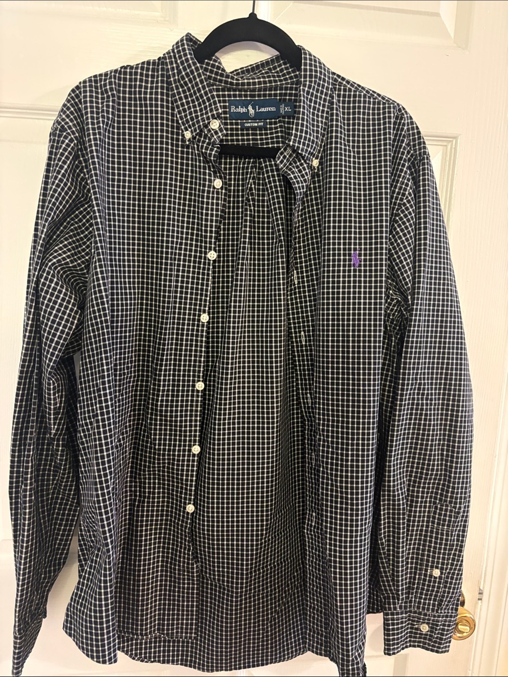Ralph Lauren Black and White Windowpane Button-Down Shirt with Purple Pony